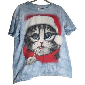 Christmas Cat Santa Hat Tie Dye Shirt Adult Large Blue Graphic Tee Holiday Cute
